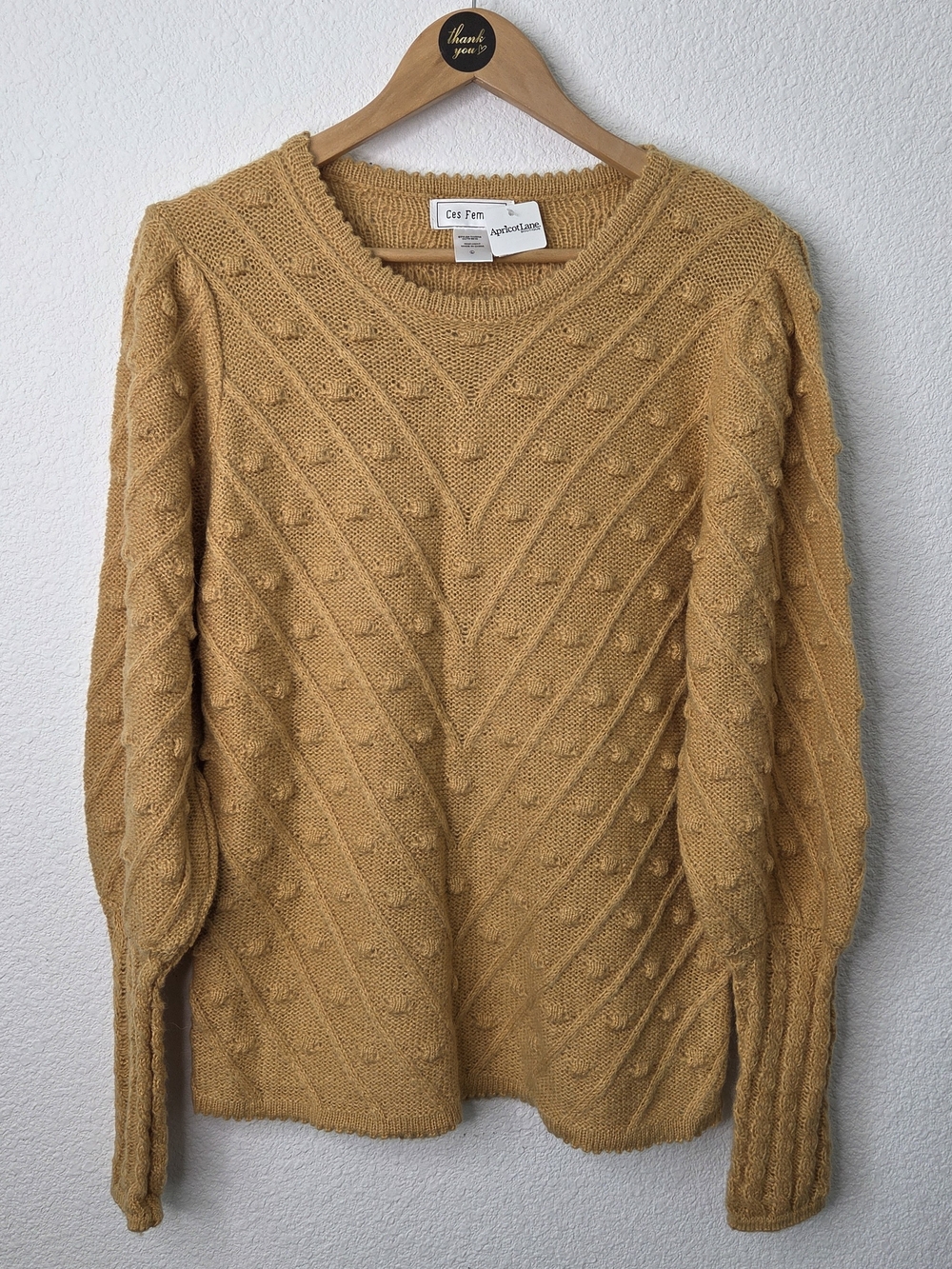 Ces Femmes Cable Knit Bobble Sweater, Mustard Yellow, Womens Size Large